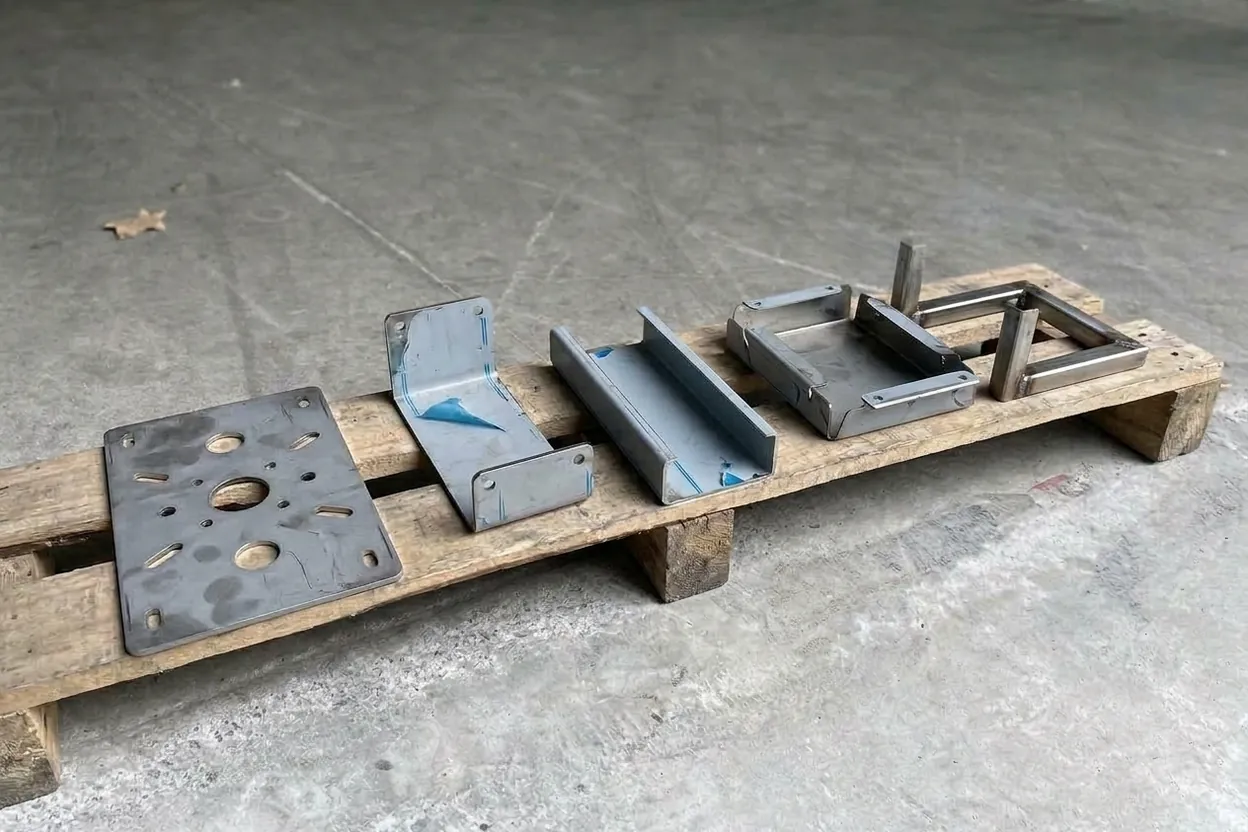 One of each part in an order, laid out in a row on a pallet: a plate, a bracket, a channel, a cover and a welded frame