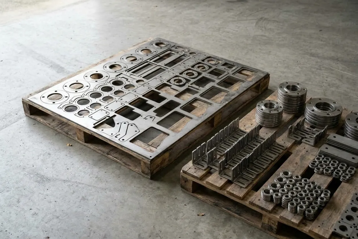 A laser-cut sheet skeleton on one pallet, and the parts that came out of it stacked by shape on the next