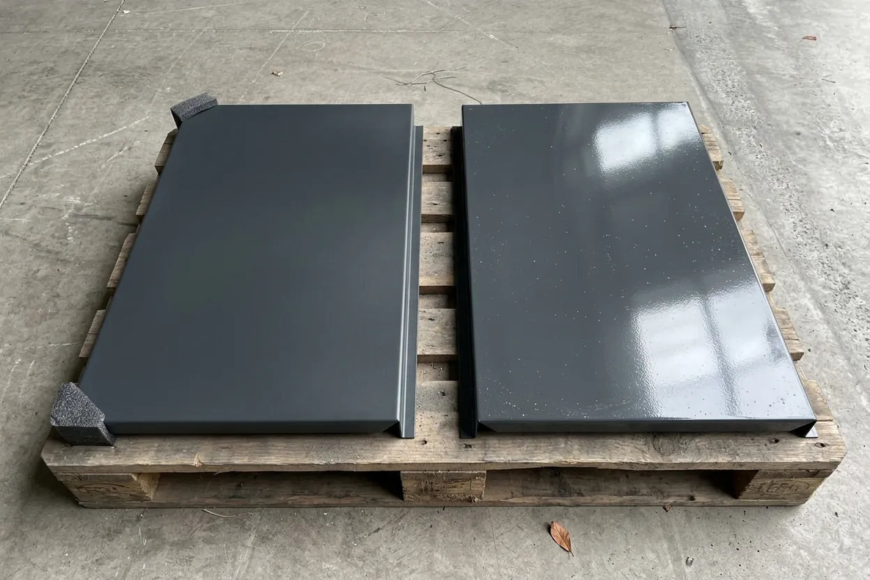 Two panels in the same RAL 7016 anthracite side by side on a pallet, one matt and one high-gloss
