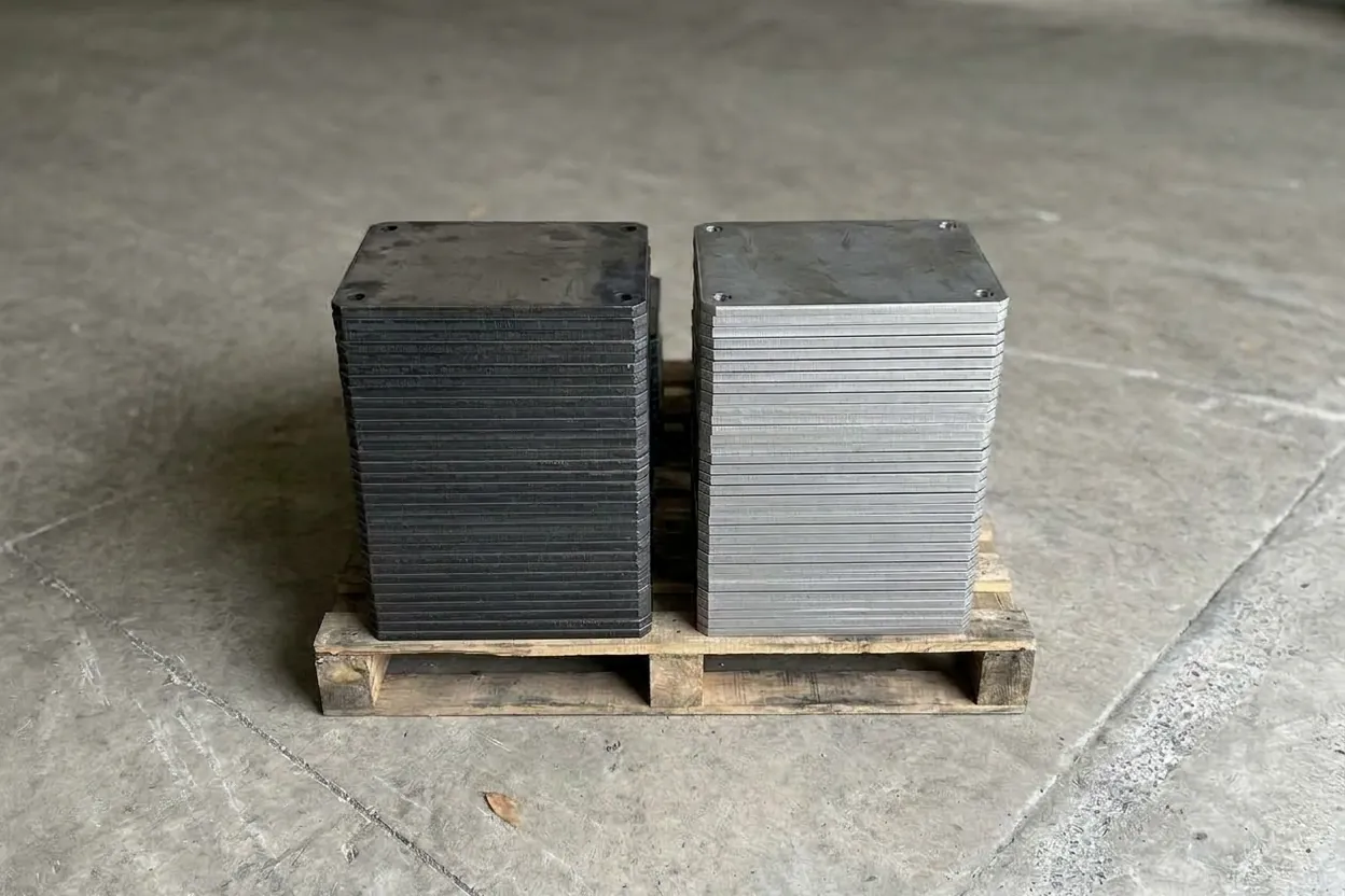 Two stacks of the same 10 mm plates: oxide-black edges on the left, bright clean edges on the right