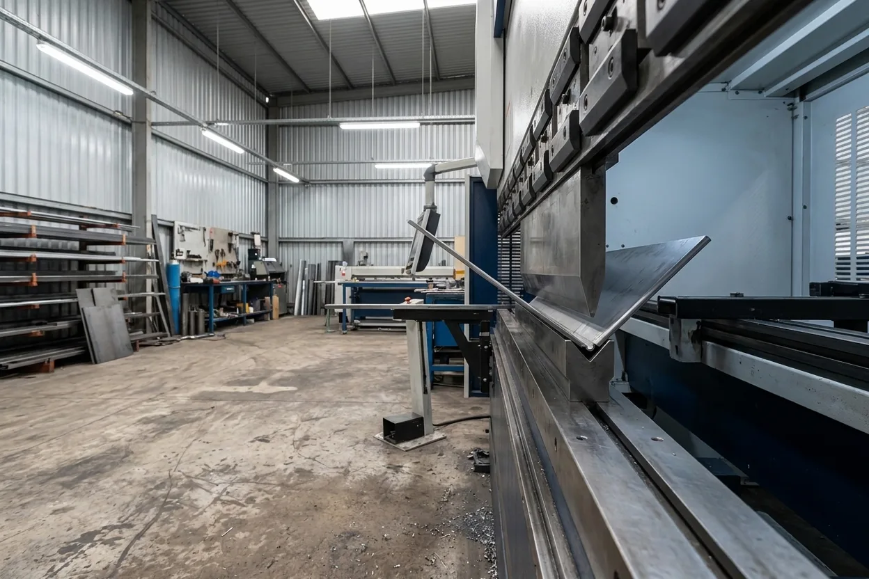 A part on the press brake mid-fold, flange on the die