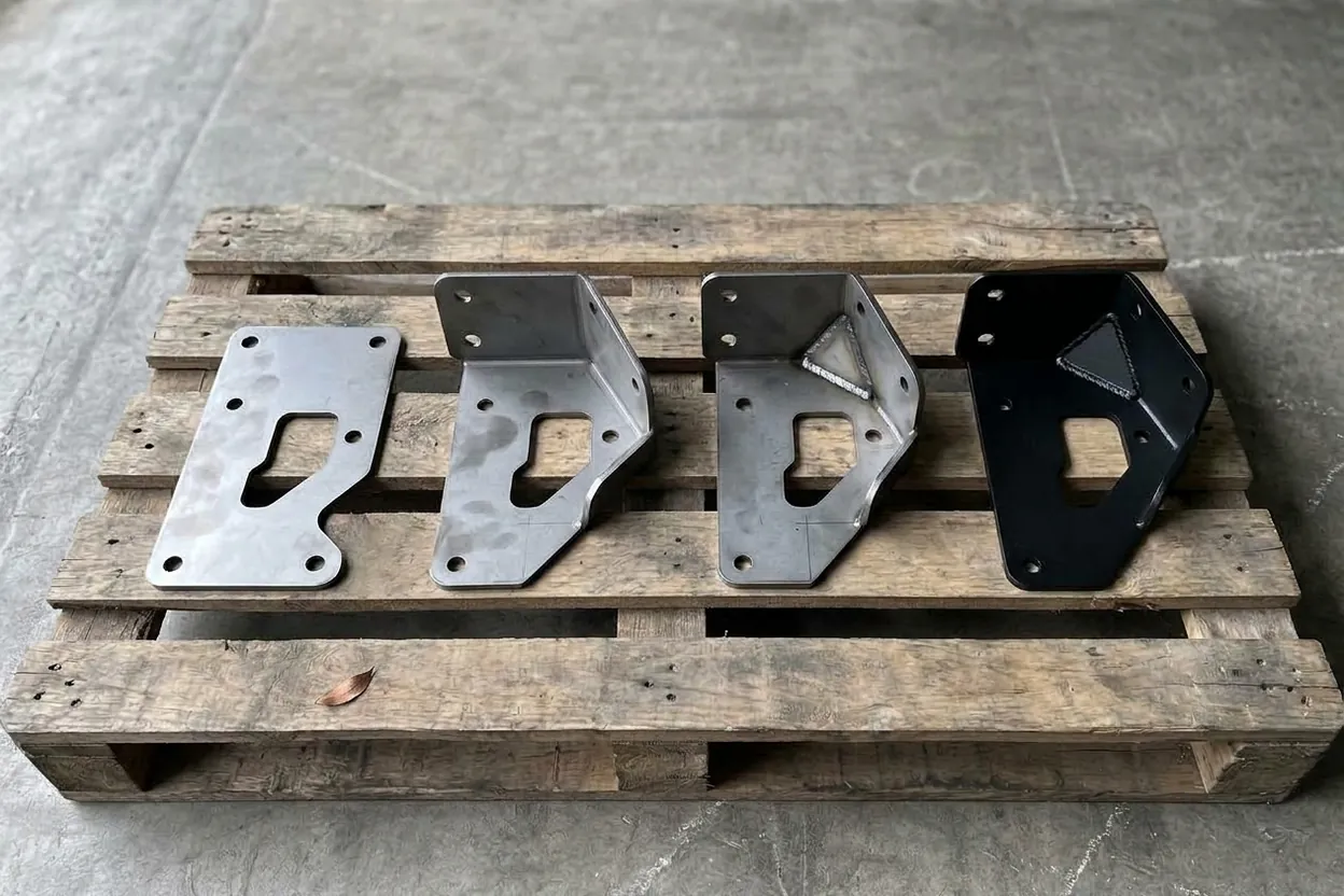 The same bracket at four stages on a pallet: flat blank, bent, welded and powder-coated