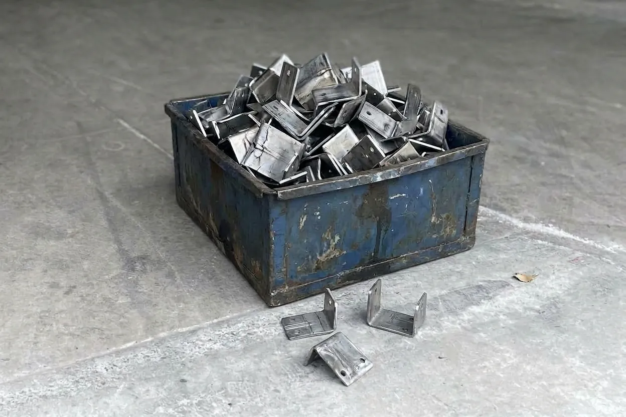 A scrap bin heaped with rejected bent brackets: wrong angles, cracked bends, warped flanges