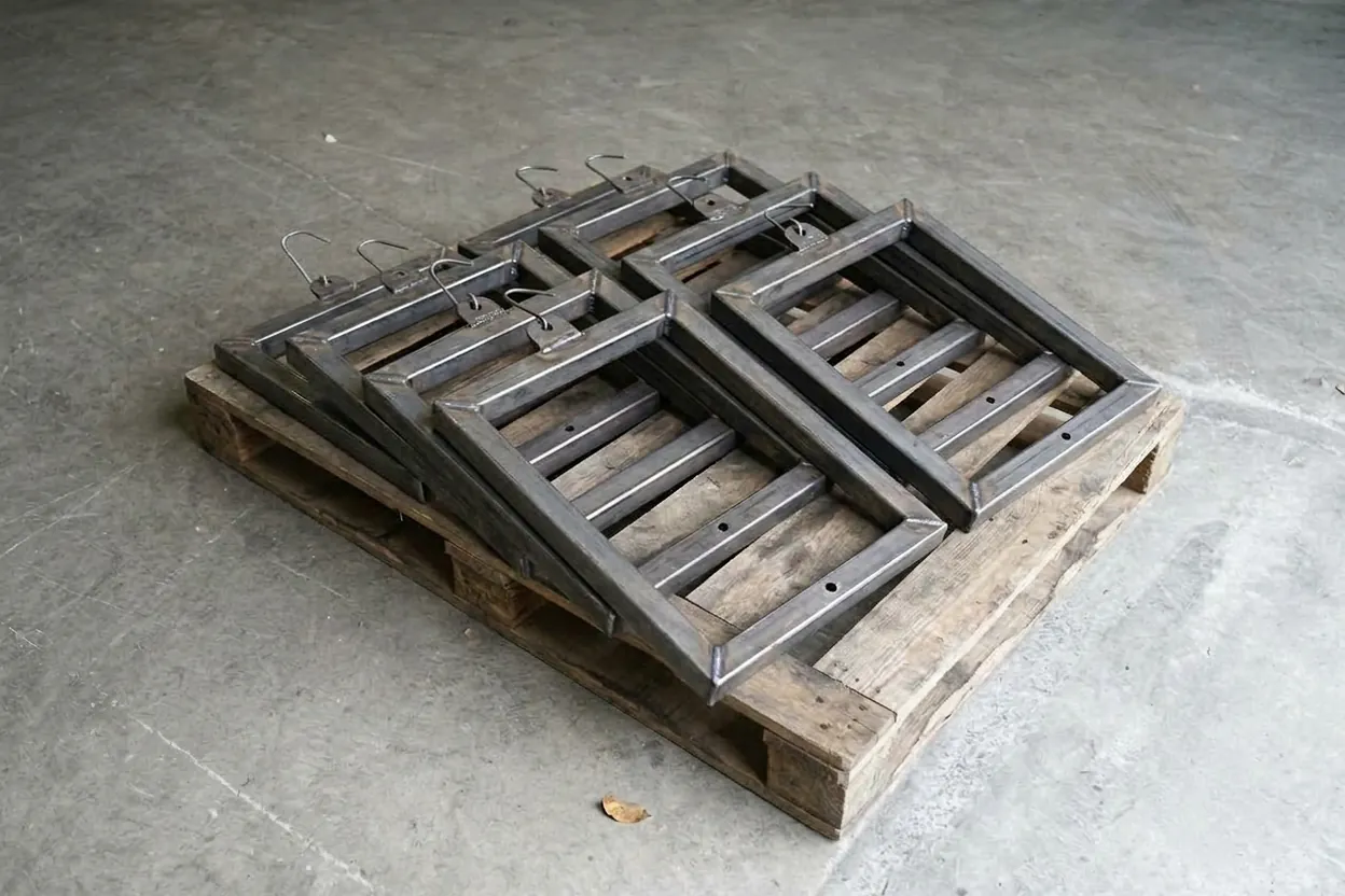 Welded frames ready for the coater, with drain holes at the corners and a hanging tab and wire hook on each