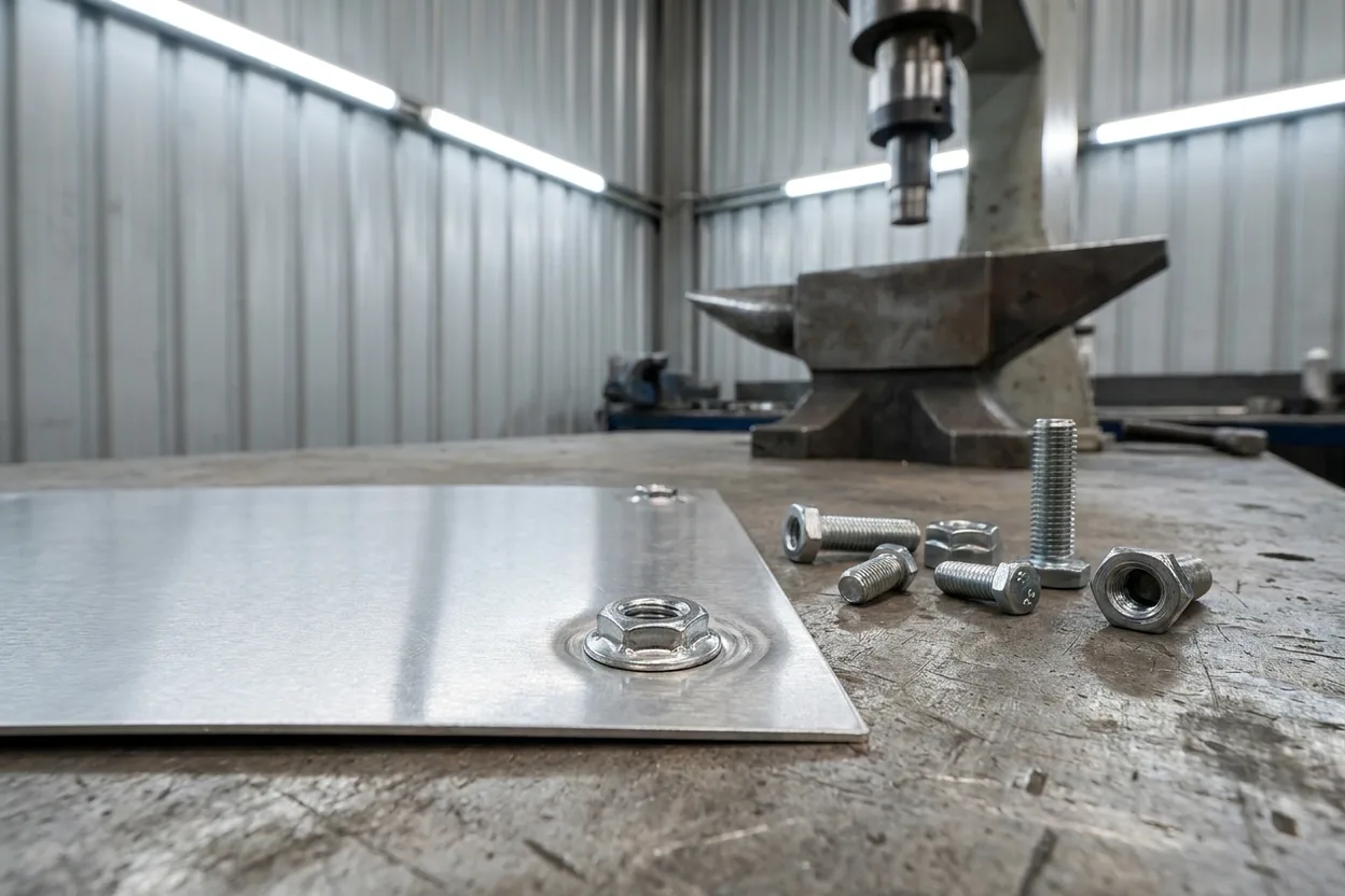 A self-clinching nut pressed into a sheet-metal panel