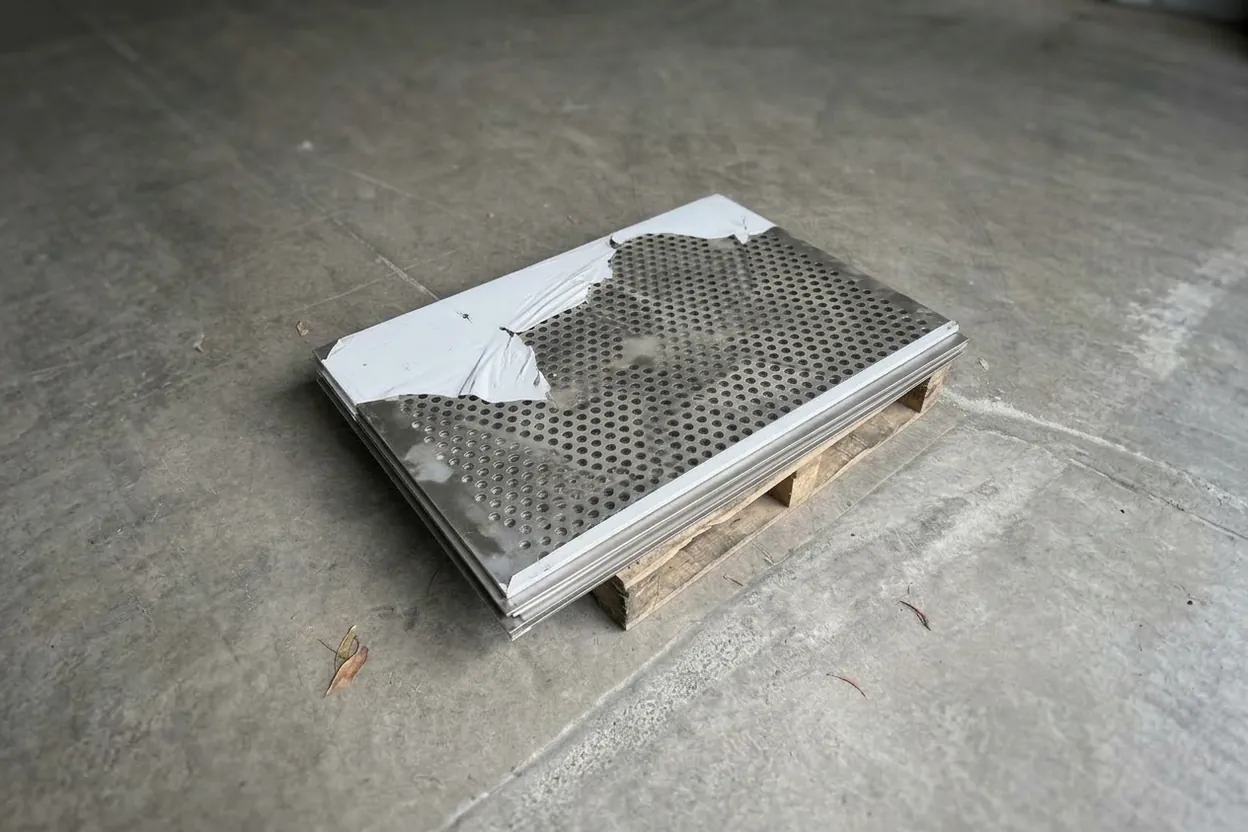 Laser-perforated stainless sheets on a pallet, the protective film half peeled
