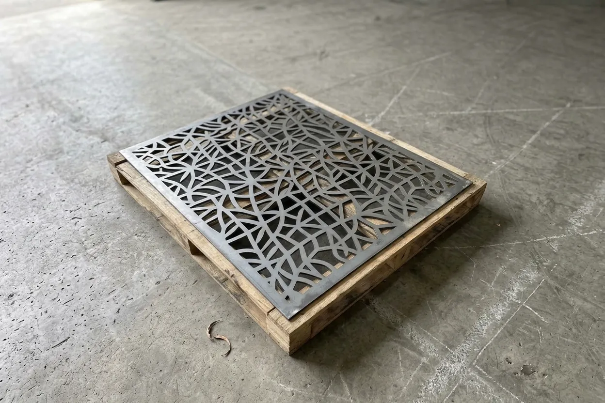 A laser-cut decorative screen in 2 mm steel, lying on a pallet