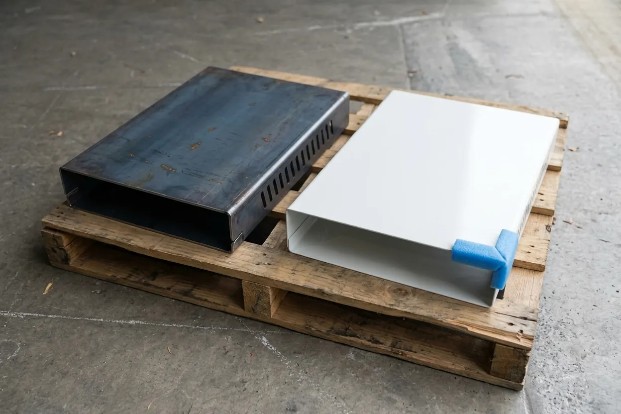 The same cover twice: a raw blank with mill scale beside its white powder-coated twin