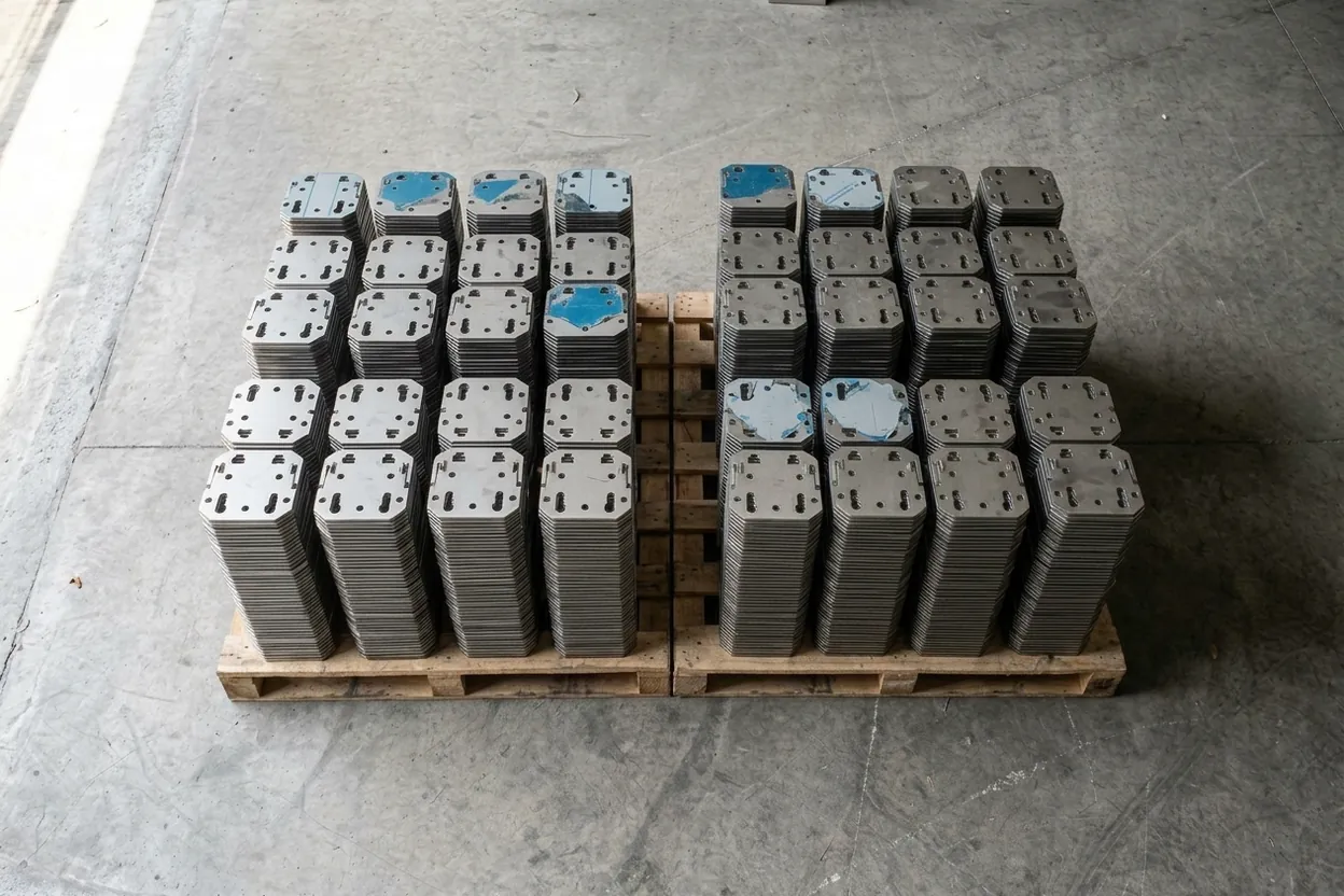 Two pallets of the same laser-cut bracket, hundreds of parts stacked in even columns