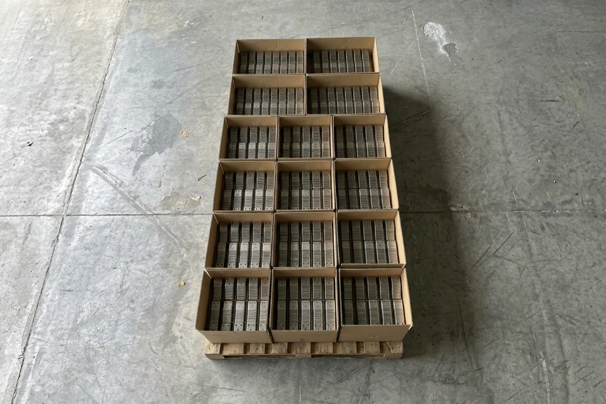 Cartons of identical laser-cut brackets on a pallet, a production batch of about a thousand parts