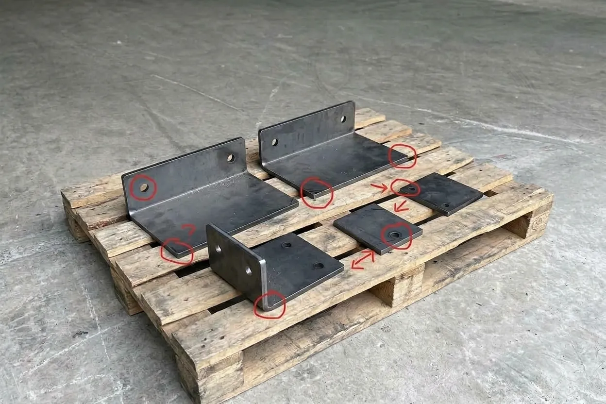 Laser-cut 3 mm mild steel parts with the problem spots circled in red marker