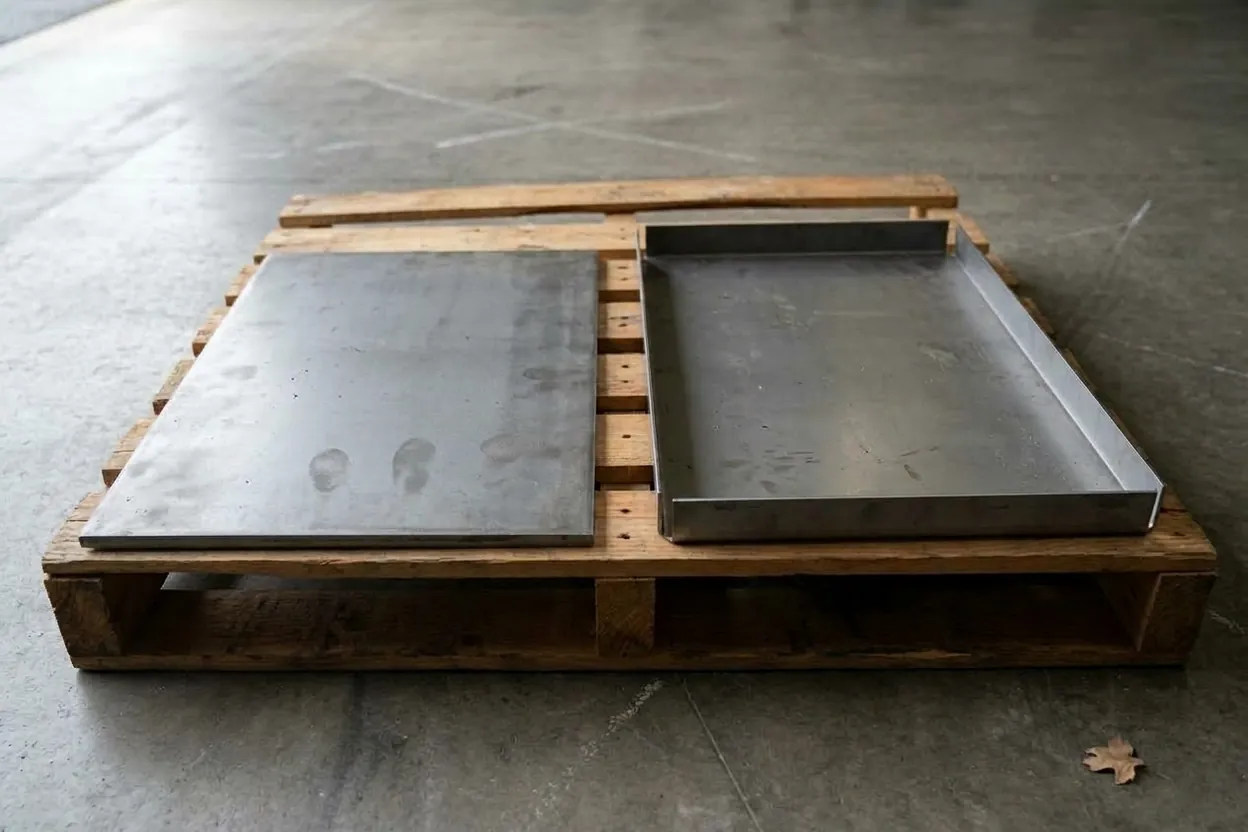 A thick flat plate beside a thin panel of the same size with its edges folded up into a tray
