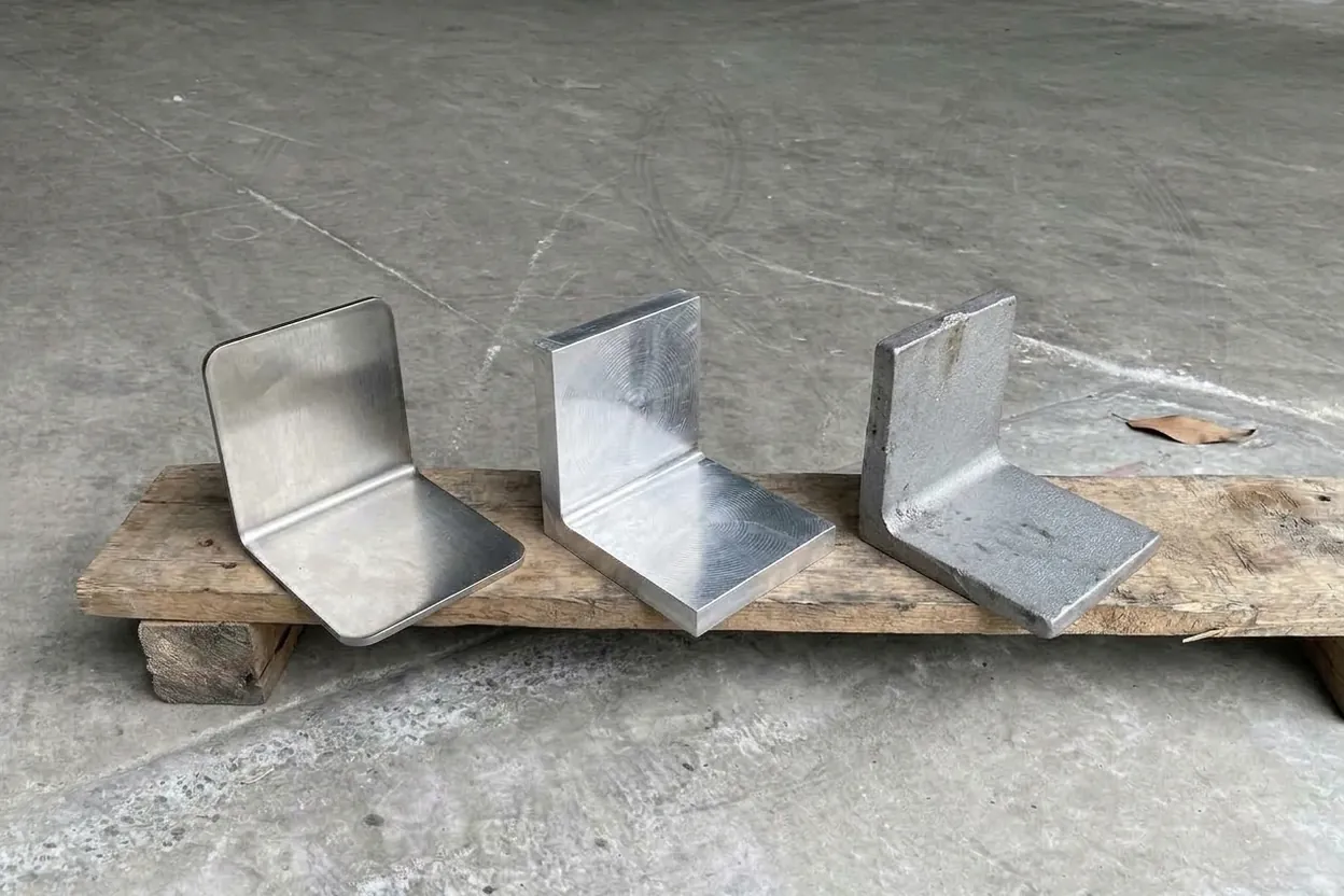 The same L-bracket made three ways: bent from sheet, machined from solid and cast