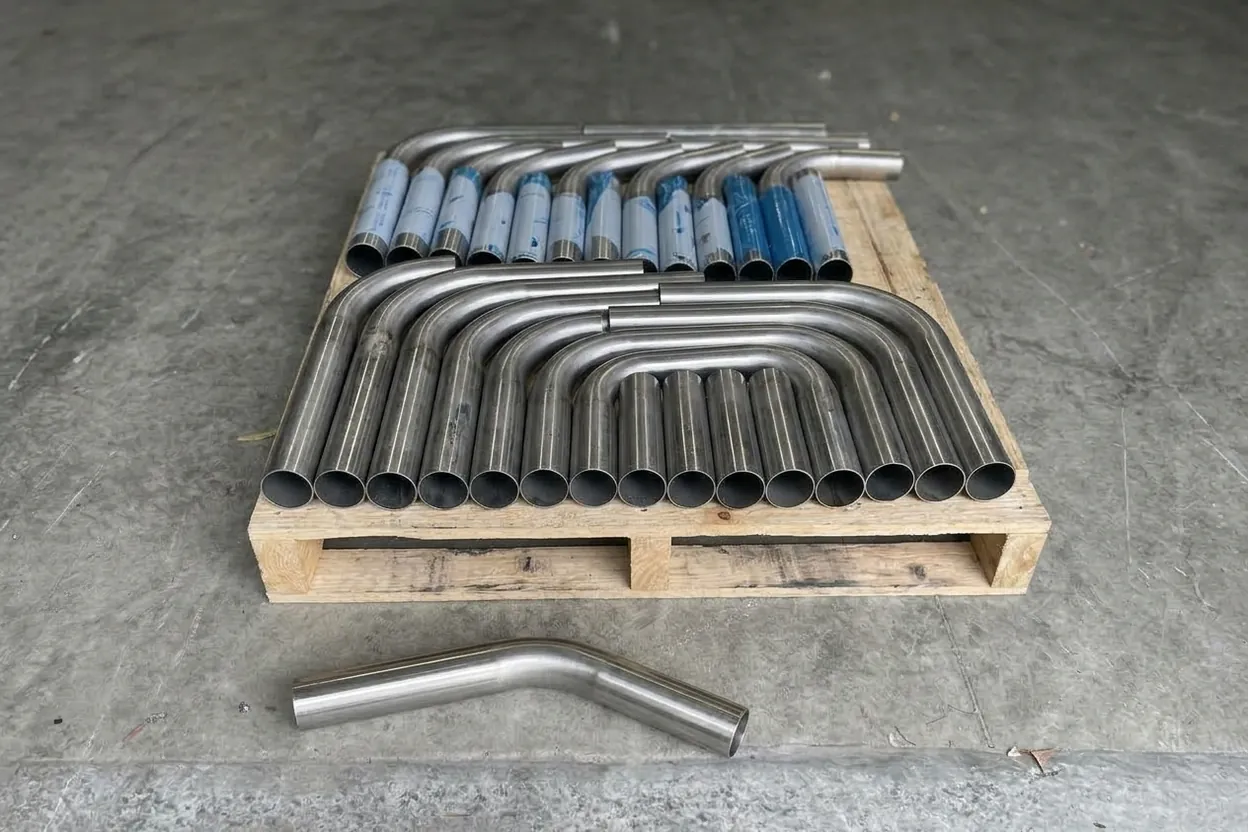 Bent stainless tubes on a pallet, and in front a test piece whose bend has sprung open