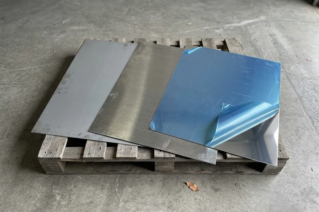 Ba tấm inox chồng lên nhau trên pallet: 2B mờ, xước #4 và gương #8 còn phim bảo vệ bóc dở