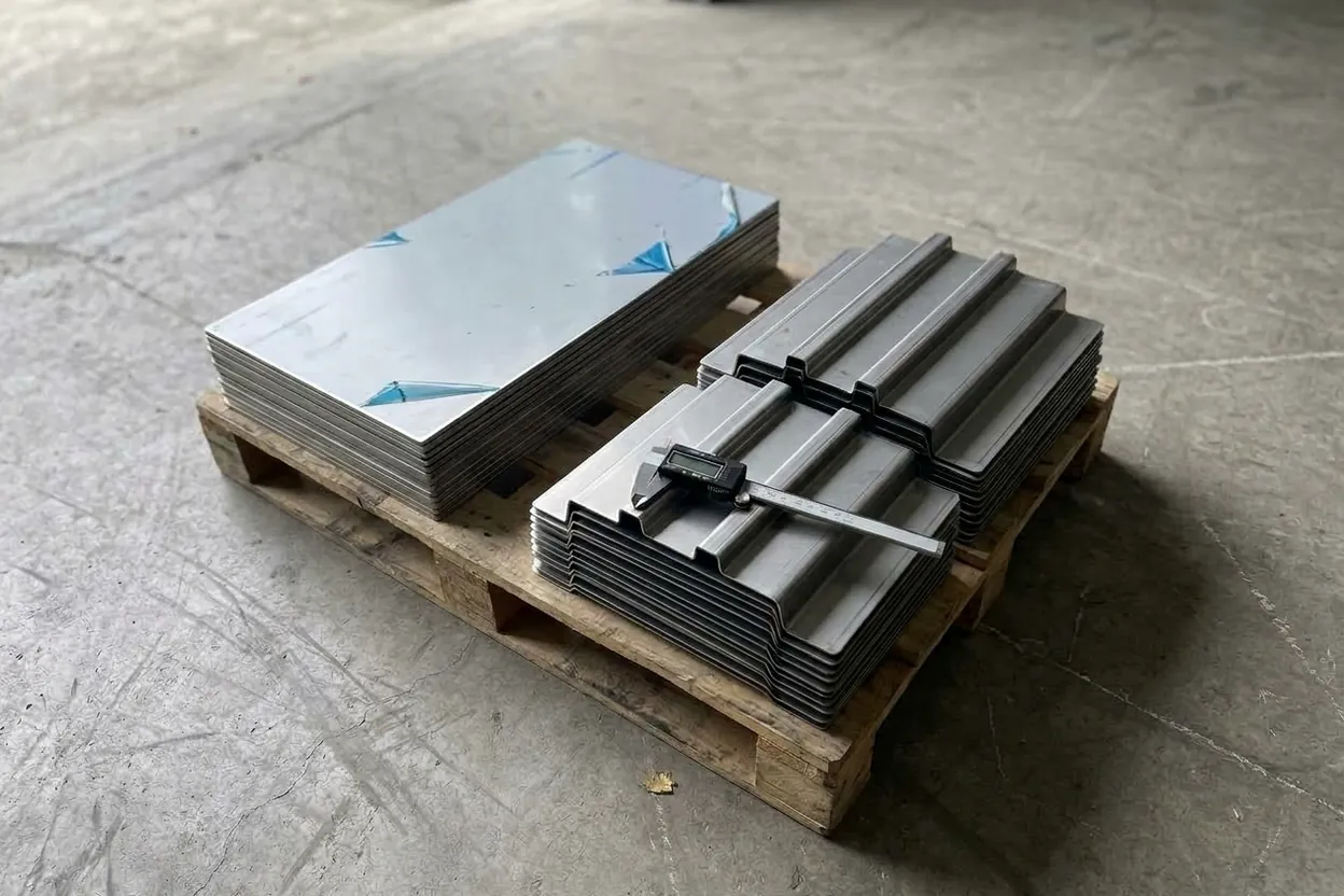 Flat laser-cut blanks beside the same parts bent into three-bend channels, a caliper lying on top
