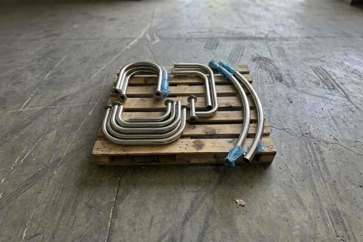 Bent stainless tubes on a pallet: U-bends, elbows and long curves
