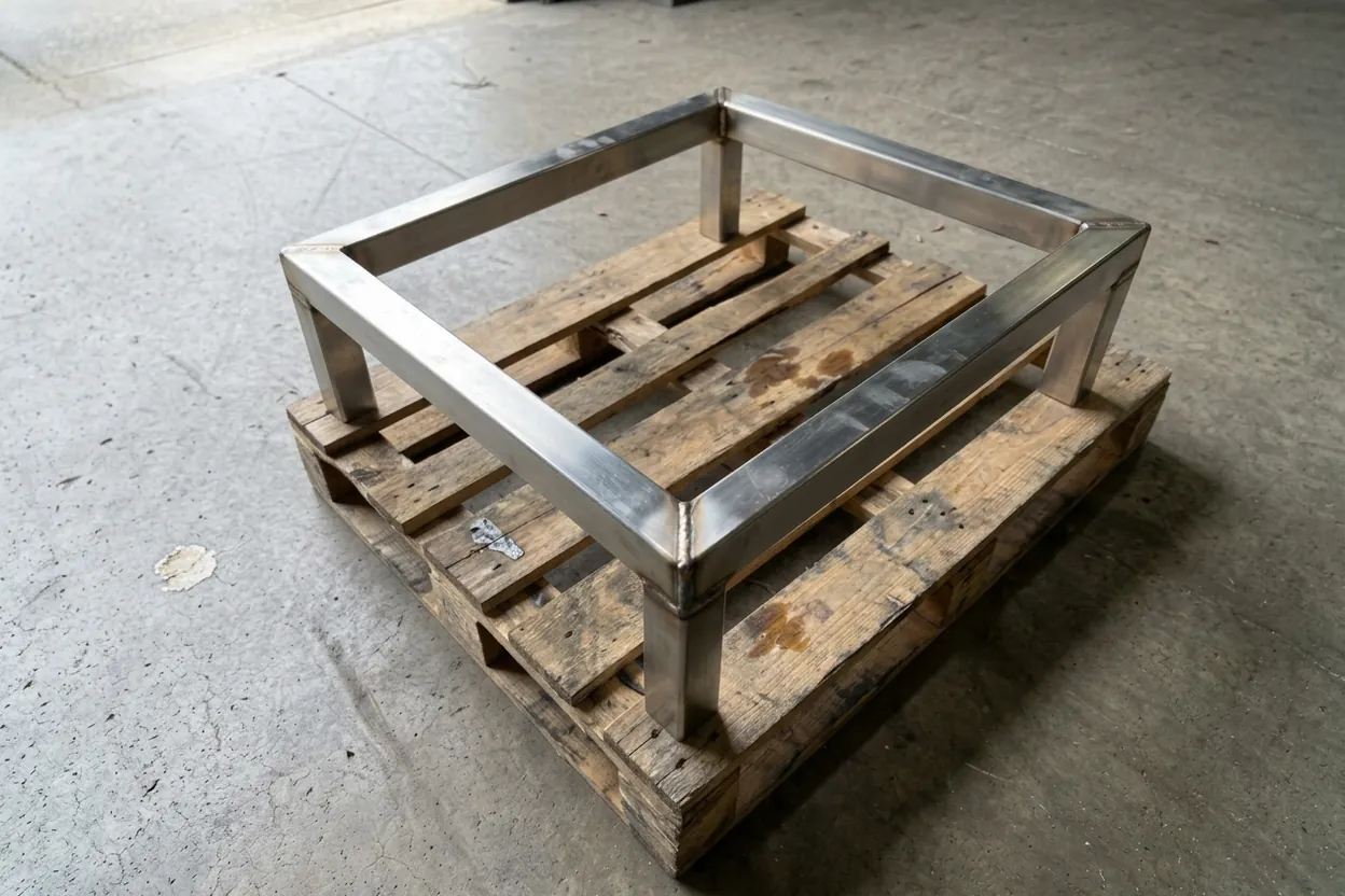 A TIG-welded stainless frame of square tube on a pallet, a weld at every corner