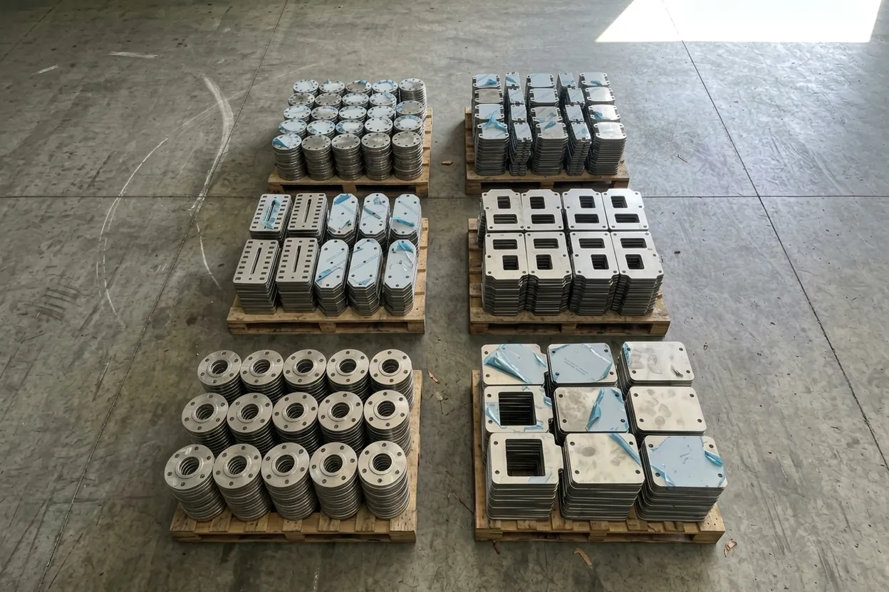 Six pallets of laser-cut parts, each stacked with hundreds of one part: flanges, brackets and plates