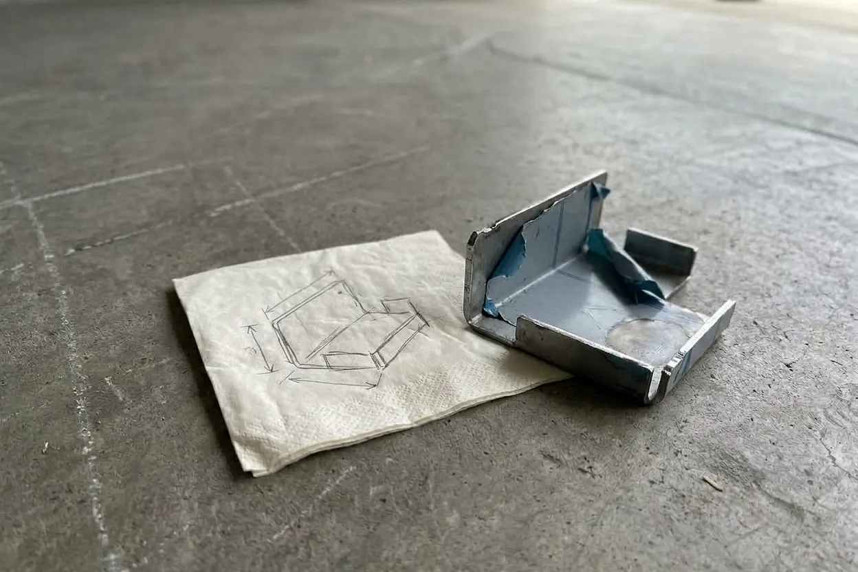 A rough pencil sketch on a paper napkin beside the stainless bracket made from it