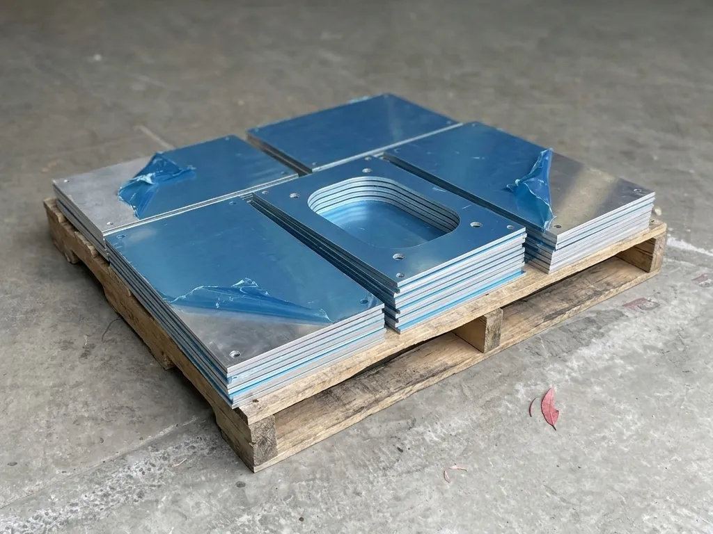 Ảnh minh họa tấm nhôm cắt laser còn màng bảo vệ màu xanh, xếp chồng trên pallet, có một chồng tấm khoét lỗ lớn ở giữa